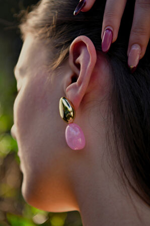 Pembe Mermer Taşlı Damla Model Şişme Kadın Çelik görünümlü Xp Küpe