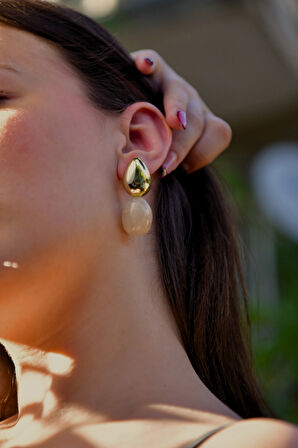 Krem Mermer Taşlı Damla Model Şişme Kadın Çelik görünümlü Xp Küpe