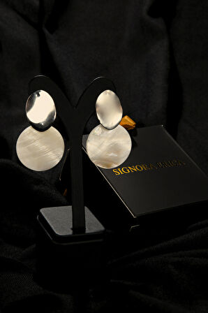 Beyaz Mermer Desenli Goemetrik Plaka Model Kadın Çelik görünümlü Xp Küpe