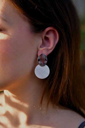 Beyaz Mermer Desenli Goemetrik Plaka Model Kadın Çelik görünümlü Xp Küpe