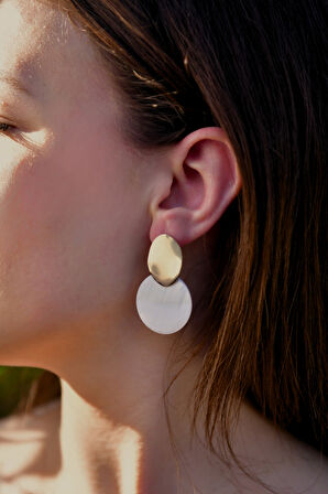 Sarı Mermer Desenli Goemetrik Plaka Model Kadın Çelik görünümlü Xp Küpe