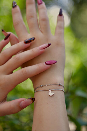 2 Zirkon Taşlı Dorikan Detaylı Kelebak Model Sallantılı Çiftli Kadın Çelik Bileklik