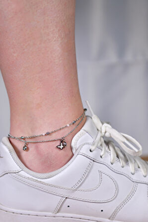 2 Zirkon Taşlı Dorikan Detaylı Kelebak Model Sallantılı Çiftli Kadın Çelik Bileklik