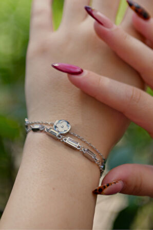 2 Yoncalı 4 Dikdörtgen Zirkon Taşlı Plakalı Çiftli Kadın Çelik Bileklik