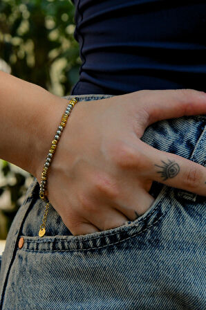 3'lü Küre Taşlı Dorika Model Kadın Çelik Bileklik