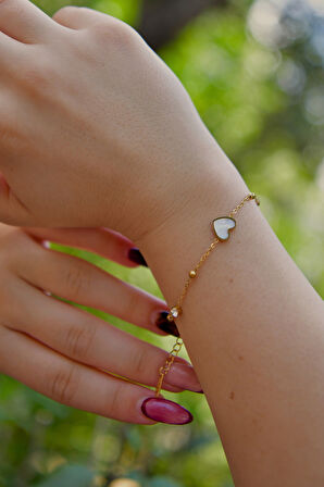 Zirkon Taşlı Dorikalı Toplu Kalpli Kadın Çelik Bileklik