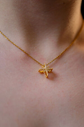 3d Zirkon Taşlı Kutup Yıldızı Model Kadın Çelik Kolye