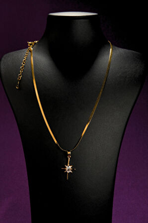 Zirkon Taşlı Kutup Yıldızı Model Kadın İtalyan Ezme Çelik Kolye