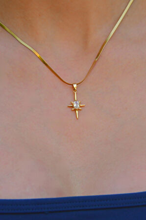 Zirkon Taşlı Kutup Yıldızı Model Kadın İtalyan Ezme Çelik Kolye