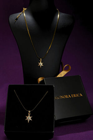 Zirkon Taşlı Yeşil-Beyaz Renk Kutup Yıldızı Model Kadın İtalyan Ezme Çelik Kolye