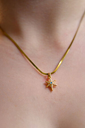 Zirkon Taşlı Yeşil-Beyaz Renk Kutup Yıldızı Model Kadın İtalyan Ezme Çelik Kolye