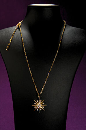 Güneş Figürlü Ortası Zirkon Taşlı Kadın Çelik Kolye