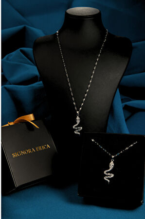 Zirkon ve Baget Taşlı Yılan Figürlü Kadın Çelik Kolye