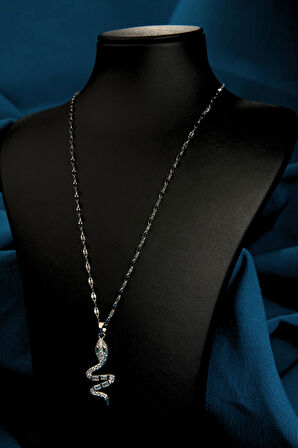 Zirkon ve Baget Taşlı Yılan Figürlü Kadın Çelik Kolye