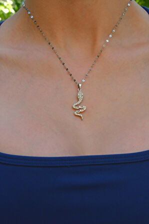 Zirkon ve Baget Taşlı Yılan Figürlü Kadın Çelik Kolye