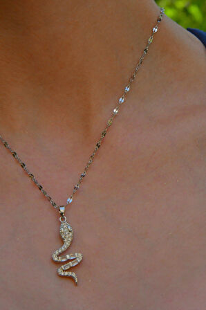 Zirkon ve Baget Taşlı Yılan Figürlü Kadın Çelik Kolye