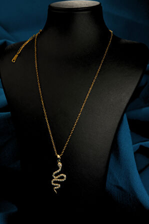 Zirkon Taşlı Yılan Figürlü Kadın Çelik Kolye