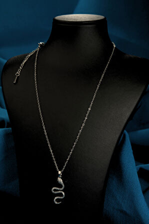 Zirkon Taşlı Yılan Figürlü Kadın Çelik Kolye