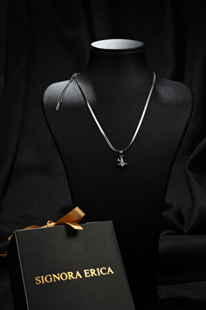 Bir Küçük Bir Büyük Zirkon Taşlı Kutup Yıldızı Model Kadın İtalyan Ezme Çelik Kolye