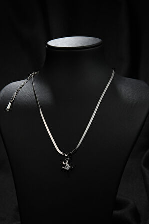 Bir Küçük Bir Büyük Zirkon Taşlı Kutup Yıldızı Model Kadın İtalyan Ezme Çelik Kolye