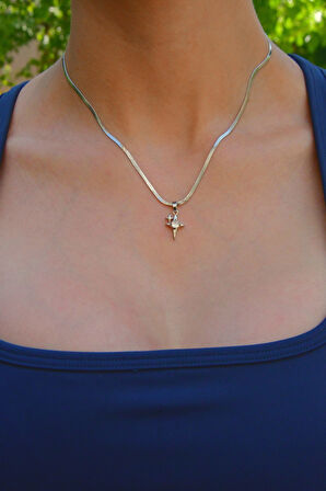 Bir Küçük Bir Büyük Zirkon Taşlı Kutup Yıldızı Model Kadın İtalyan Ezme Çelik Kolye