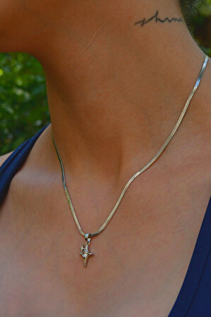 Bir Küçük Bir Büyük Zirkon Taşlı Kutup Yıldızı Model Kadın İtalyan Ezme Çelik Kolye