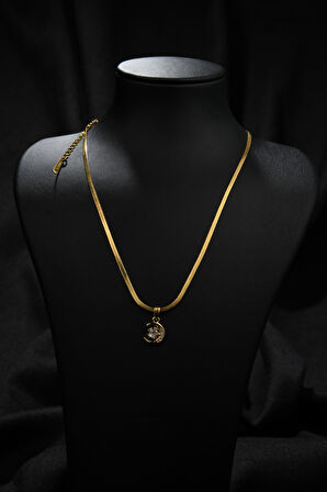 Zirkon Taşlı Ay Yıldız Model Kadın İtalyan Ezme Çelik Kolye