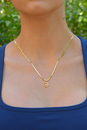 Zirkon Taşlı Ay Yıldız Model Kadın İtalyan Ezme Çelik Kolye