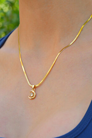 Zirkon Taşlı Ay Yıldız Model Kadın İtalyan Ezme Çelik Kolye