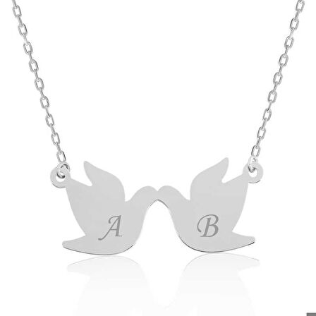 Gümüş Çifte Kumrular Harf Yazılı Kolye