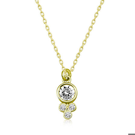 Gümüş Gold Çiğ Damlası Yuvarlak Tektaş Kadın Kolye