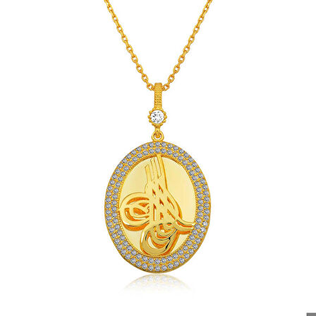Gümüş Gold Tuğralı Oval Kadın Kolye