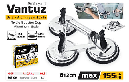 SGS956 - 155 KG Üçlü Vantuz Alüminyum Cam Seramik Fayans Ahşap Tutma Taşıma Vantuzu 12cm + 12cm + 12cm