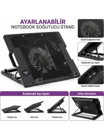 Luve Store Notebook Soğutucu Fanlı Laptop Standı 5 Kademeli Ayarlanabilir USB 2 Portlu