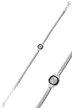 Gümüş tek taş ve mineli balık sırtı zincirli bileklik