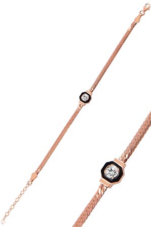 Gümüş tek taş ve mineli balık sırtı zincirli bileklik