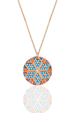 Gümüş rose yuvarlak kilim kolye