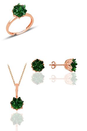 Gümüş Lotus çiçeği modeli zümrüt taş renkli üçlü set