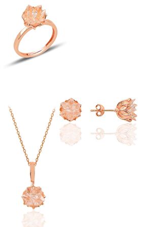 Gümüş Lotus çiçeği modeli (beyaz)zirkon taşlı üçlü set