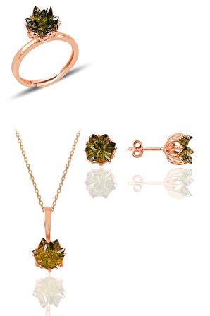 Gümüş Lotus çiçeği modeli columbia zümrüt renkli taşlı üçlü set