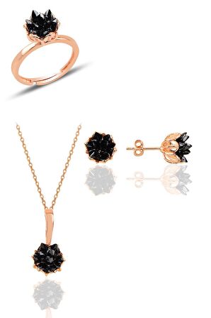 Gümüş Lotus çiçeği modeli onix renkli taşlı üçlü set