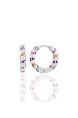 Gümüş rodyumlu renkli taşlı özel tasarım halka küpe