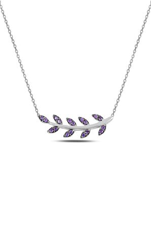 Gümüş rodyumlu  mor taşlı yaprak kolye