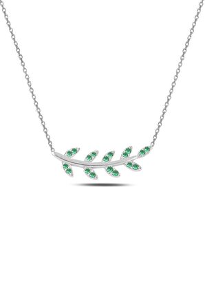 Gümüş rodyumlu yeşil taşlı yaprak kolye