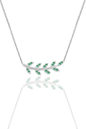 Gümüş rodyumlu yeşil taşlı yaprak kolye