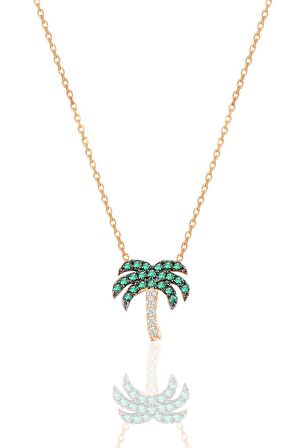 Gümüş rose yeşil taşlı palmiye kolye