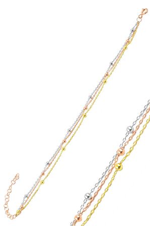 Gümüş üç zincirli renkli top top bileklik .