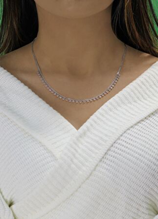 Gümüş rodyumlu zirkon taşlı  gurmet zincirli kolye