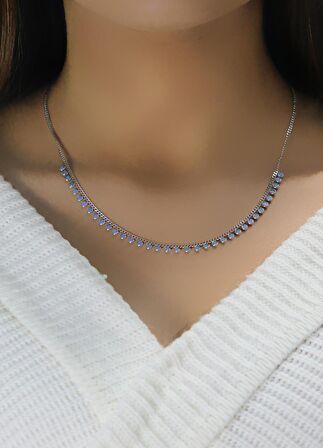 Gümüş rodyumlu turkuaz taşlı gurmet zincirli kolye