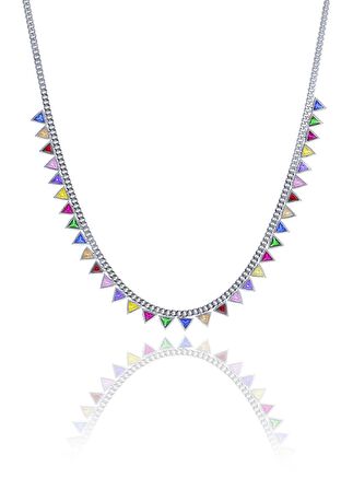 Gümüş rodyumlu renkli taşlı gurmet zincirli piramit kolye 